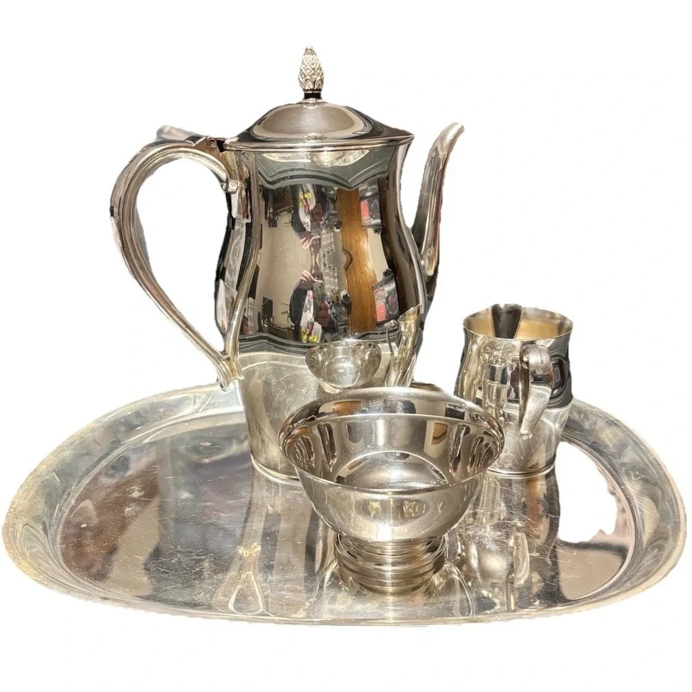 Vintage Paul Revere Reproduction Silver Plated Creamer Sugar Bowl Tea Pot & Tray